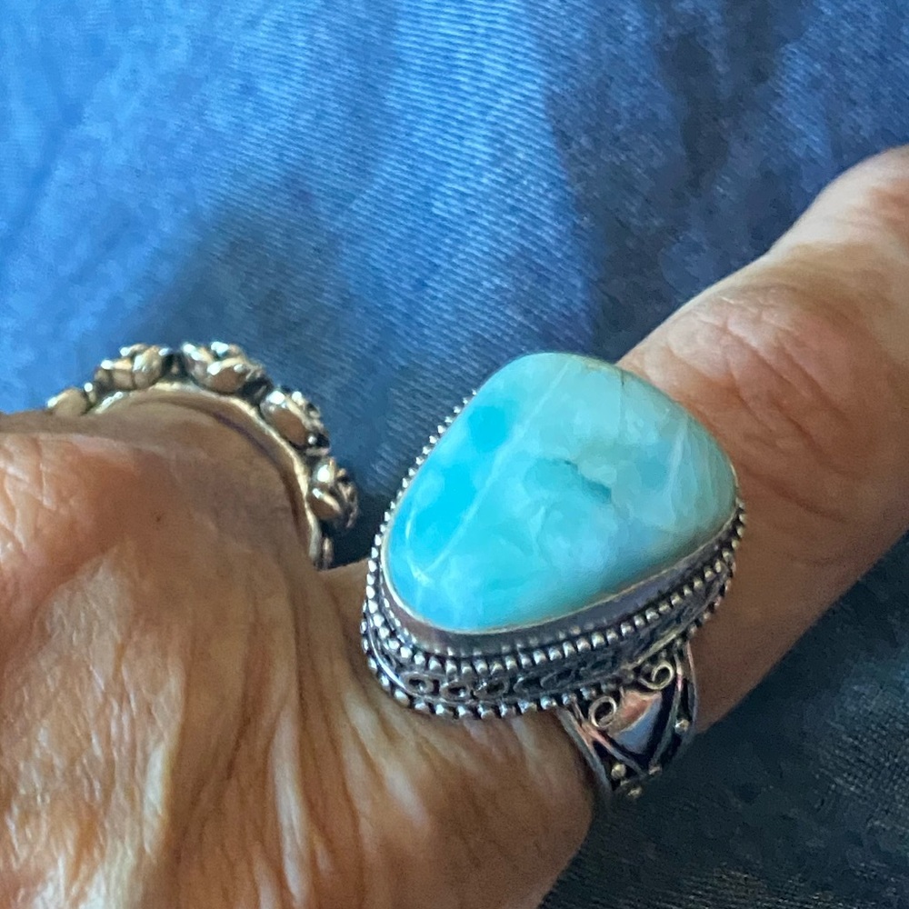 Vintage-Larimar & Sterling Silver Handcrafted Ring Size 9 - Picture 12 of 14